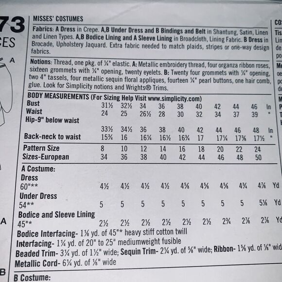 Simplicity 2573 sz U5 16-24 Bust 38-46 Renaissance Gown Costume New Bust 38-46 - Picture 5 of 6